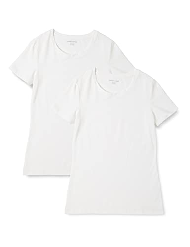 Amazon Essentials Camiseta de Cuello Caja de Manga Corta y Ajuste Clásico Mujer, Pack de 2, Blanco, L