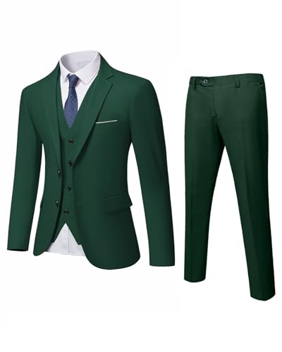 YND Conjunto de traje de 3 piezas de corte entallado para hombre, 2 botones, chaqueta, chaleco, pantalones y corbata, De Color Verde Oscuro, XXL