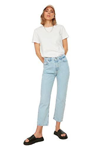 Trendyol Pantalones Vaqueros Rectos de Cintura Alta Jeans, Azul, 36 para Mujer