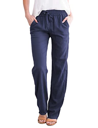 Yuson Girl Mujer Pantalones Casuales de Lino de Algodón Cintura Alta Elasticos Pantalones Verano Causal Flojo Largos Playa con Bolsillos y Pantalones de Cómodos(Azul Marino, XL)