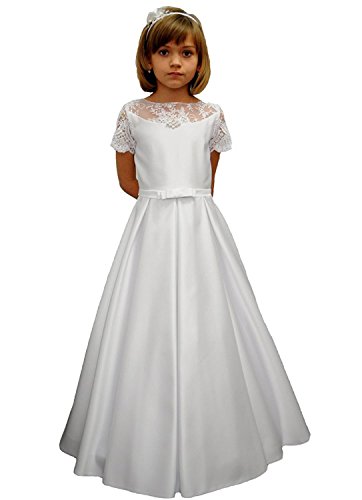 Aurora dresses Vestido de niña de flores con encaje manga corta vestido de comunión princesa dama de honor, Blanco, 2-3 Años