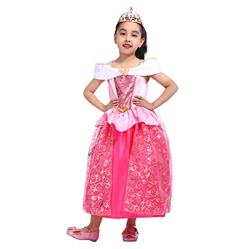 Sincere Party Vestido de princesa Aurora Bella Durmiente para niñas con tiara, vestido elegante de princesa rosa 5-6 años