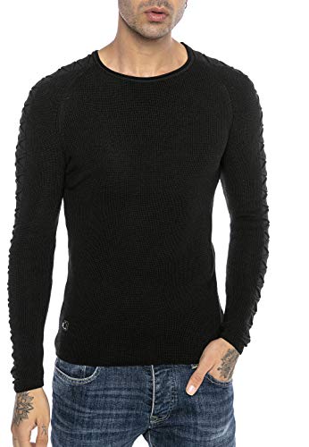 Redbridge Suéter de Punto para Hombre Jersey Sudadera Slim-Fit Cross Lines Negro L