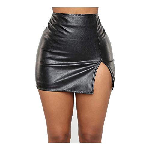Pelisy Mujer Sexy Cintura Alta Cortas Faldas de Cuero Moda Slim Wrap Zipper Split PU Minifalda