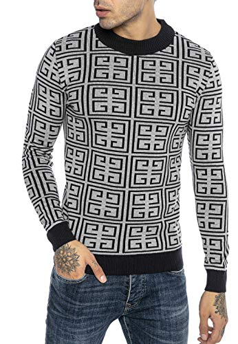 Redbridge Suéter de Punto para Hombre Jersey Sudadera Slim-Fit Square Pattern Gris-Azul XXL