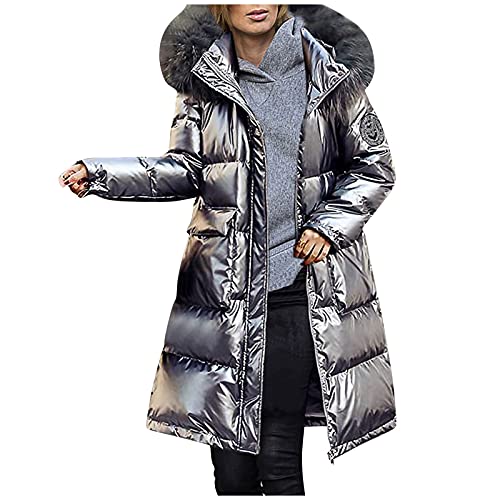 Abrigo de plumas para mujer, chaqueta larga de plumón con pelo, parka de invierno gruesa, informal, con capucha, plata, S