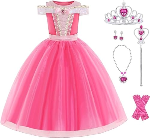 Disnnie Vestido de niña bella Aurora - vestido de fiesta de princesa dormida vestido de lujo collar de pendientes de cuello de corona brazalete de niña de 2-9 años mangas