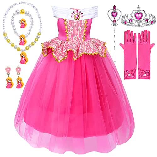 YYDSXK Disfraz Princesa Niña, Disfraz Bella Durmiente Niña con Conjuntos de Collar de Corona Princesa, Aurora Vestido Princesa Niña, Disfraz Aurora Vestido Elegante para Cosplay Cumpleaños